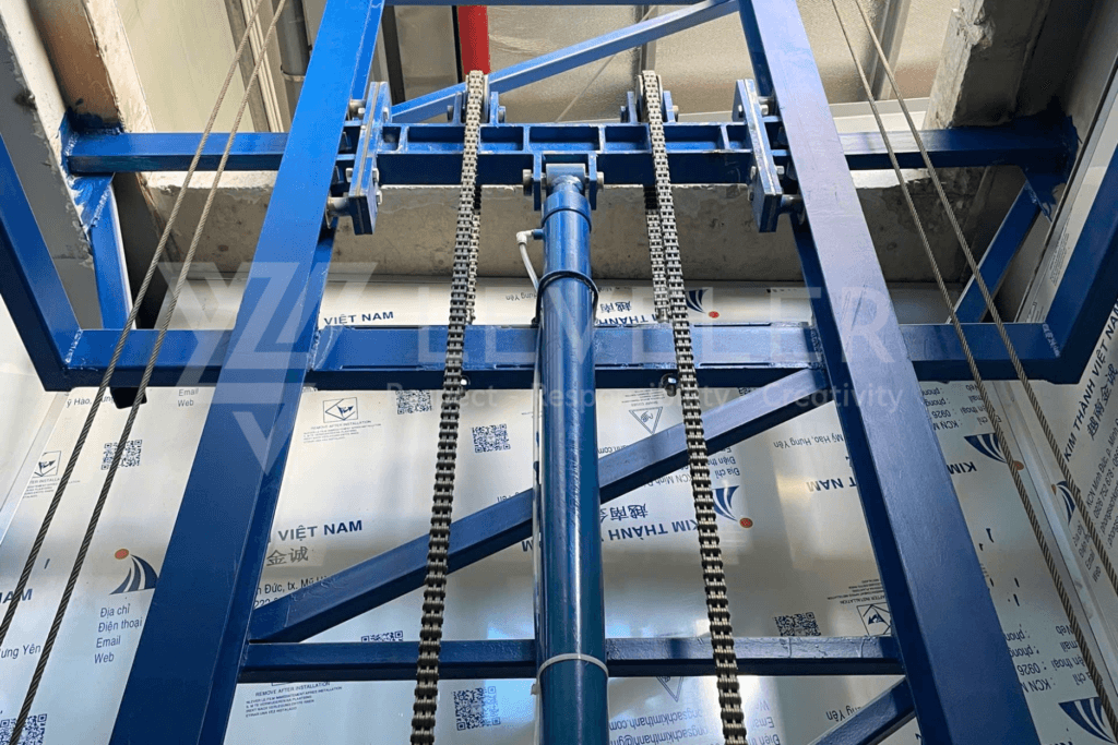 Vị trí lắp đặt xích kéo trong Thang Nâng Hàng Thuỷ Lực LEVELER
